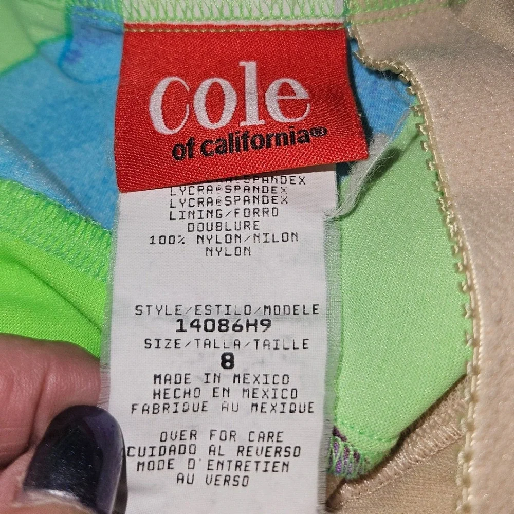 Vintage Cole of California Neon Green Blue Floral Swim Dress One Piece Size 8